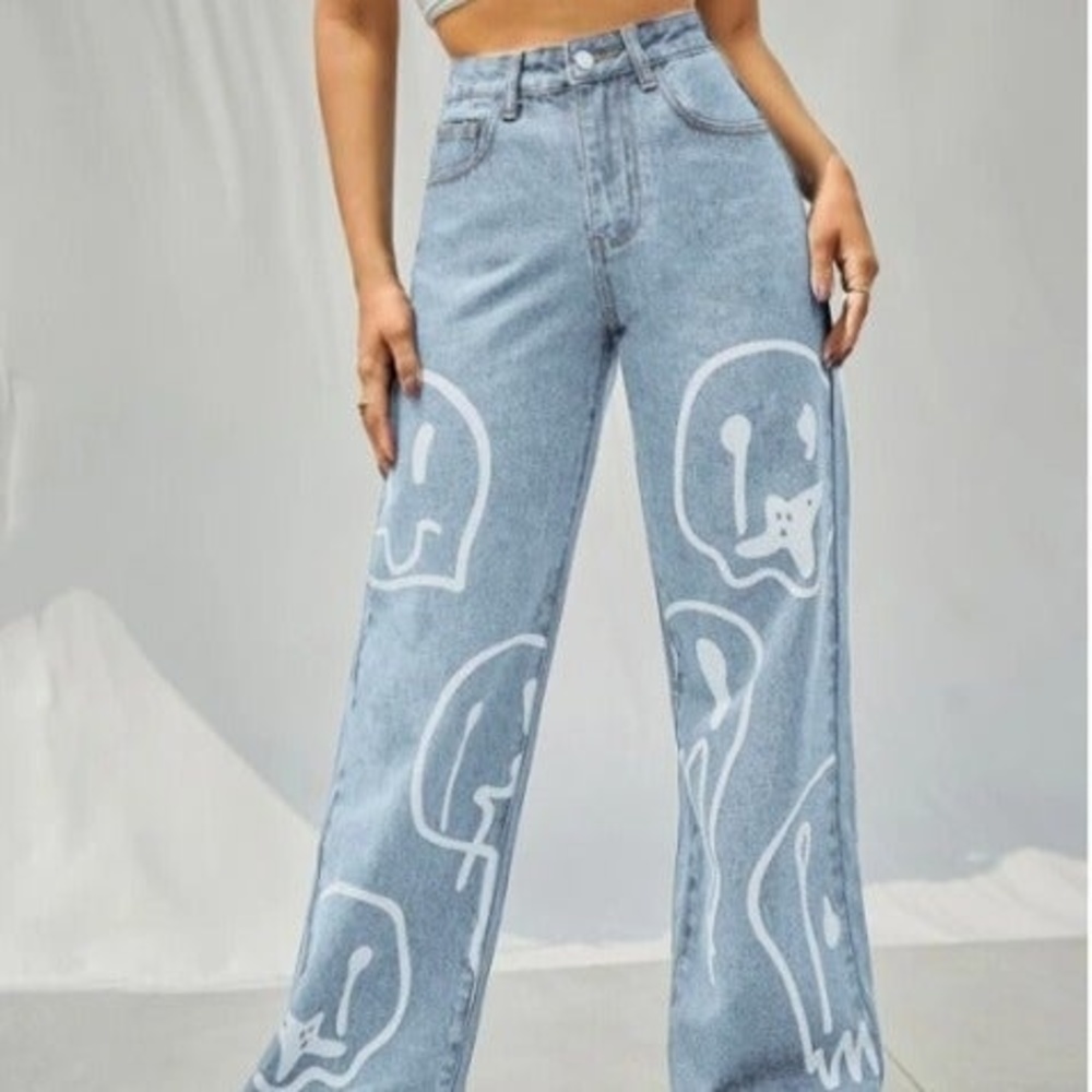 Shein High Waist Cartoon Graphic Wide Leg Jeans